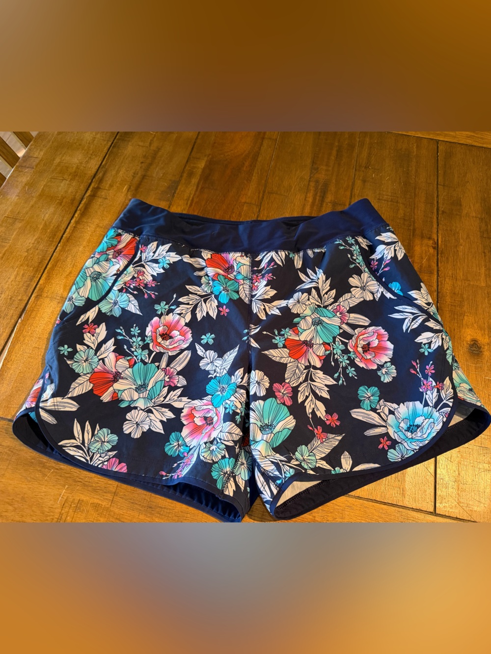 Lands' End Navy Floral shorts with Pink, Teal & Red Flowers